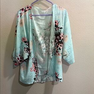 Source Unknown Floral Sheer Kimono - Light Blue and Pink
